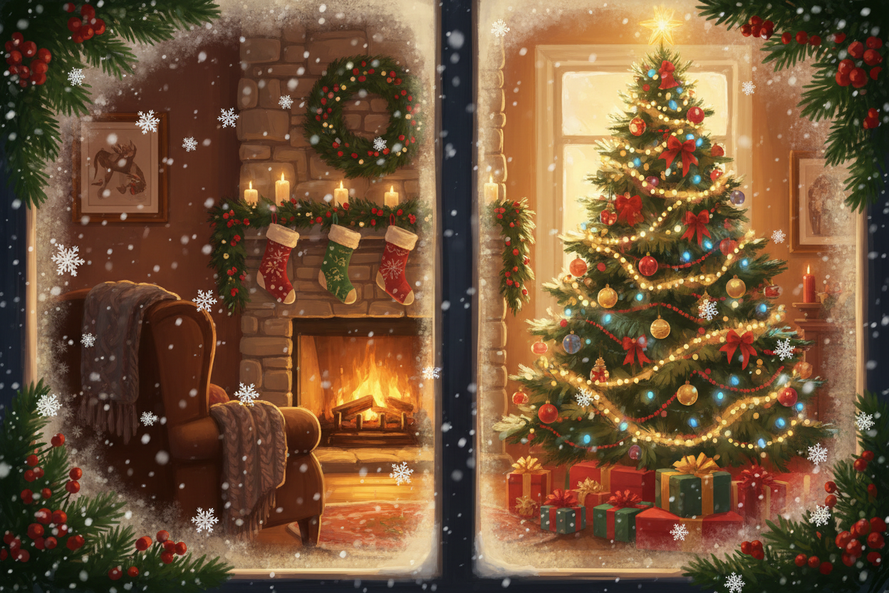 圣诞节，下雪，窗前，节日氛围，插画风格